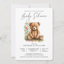 Invitation Fête de naissance Ourson Fleurs Aquarelle