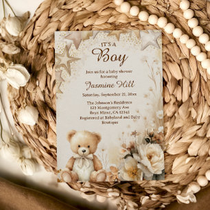 Invitation Fête de naissance Ourson Floral C'est un Garçon