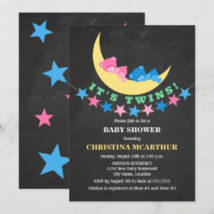 Invitation Fête de naissance ourson jumeaux fille et garçon