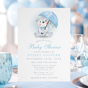 Invitation Fête de naissance Ourson Parapluie Garçon 