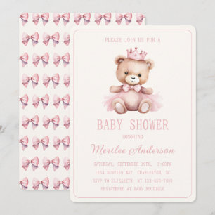 Invitation Fête de naissance ourson princesse rose Bébé fille
