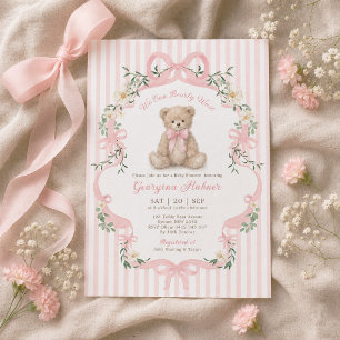 Invitation Fête de naissance ourson rayure rose pastel pour f