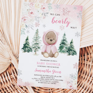 Invitation Fête de naissance ourson rose d'hiver