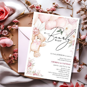 Invitation Fête de Naissance Ourson Rose & Fleurs pour Bébé F