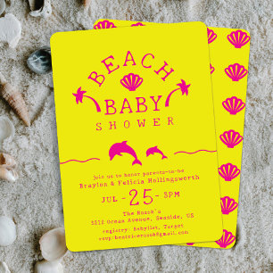 Invitation Fête de naissance Palmiers & Dauphins Jaune & Rose