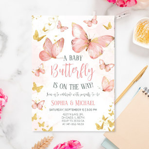 Invitation Fête de Naissance Papillons Rose Tendresse