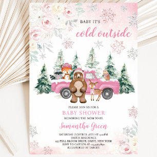 Invitation Fête de naissance Pink Winter Woodland Bébé