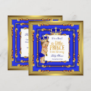 Invitation Fête de naissance Prince Bébé Cadre Bleu Royal Or 