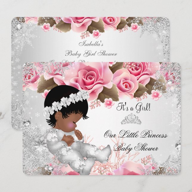 Invitation Fête de naissance Princesse Bébé Fille Rose Flocon (Devant / Derrière)