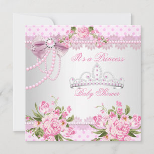 Invitation Fête de naissance Princesse Bébé Fille Rose Perle 