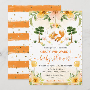 Invitation Fête de Naissance Renard Floral Mignon Aquarelle