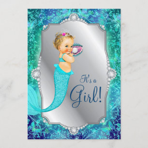 Invitation Fête de Naissance Sirène Bleu Turquoise Argent sou