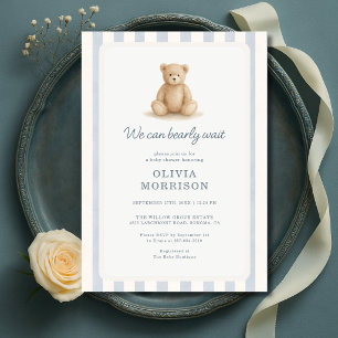 Invitation Fête de naissance Teddy Bear Boy Blue Stripes