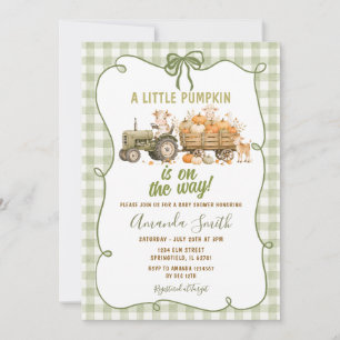 Invitation Fête de Naissance Tracteur Citrouille Gingham Vert