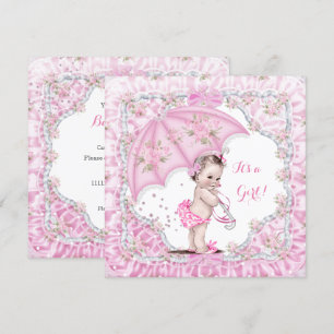 Invitation Fête de naissance vintage fille Fleurs Parapluie r