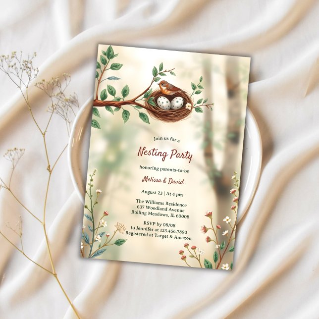 Invitation Fête de nidification des bois Baby shower d'oiseau (Rustic Bird Nest Baby Shower Invitation – Woodland Nesting Party for Parents-to-Be)