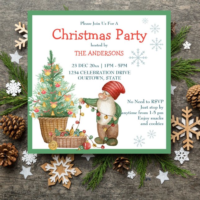 Invitation Fête de Noël (Christmas gnome decorating tree Christmas Party Invitation)