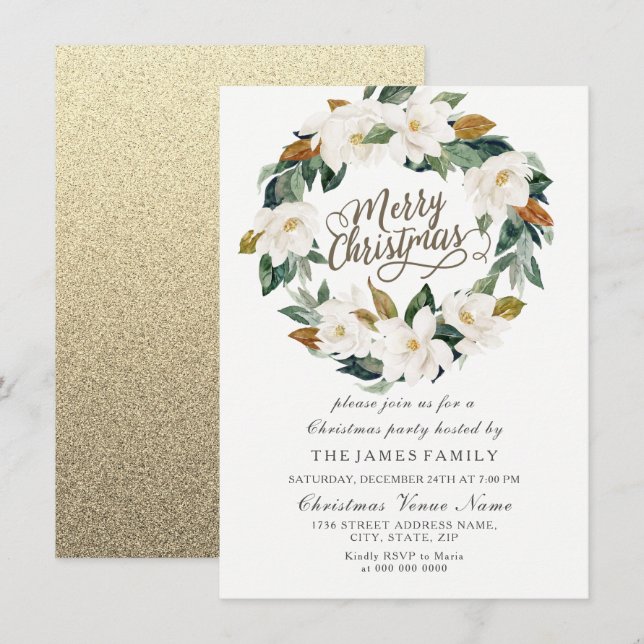 Invitation Fête de Noël à feuilles florales or et blanc (Devant / Derrière)