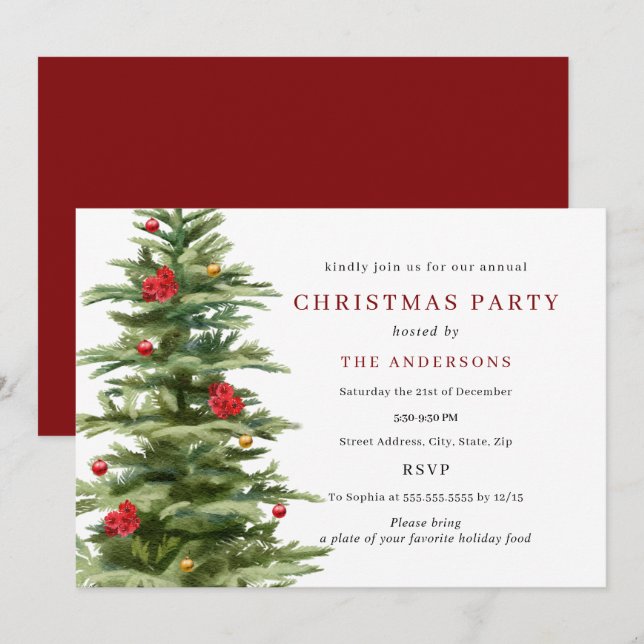 Invitation Fête de Noël à la décoration d'arbres traditionnel (Devant / Derrière)