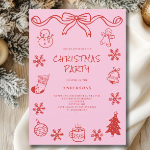 Invitation Fête de Noël à la main rouge griffée