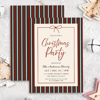 Invitation Fête de Noël à rayures rouges et vertes