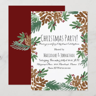 Invitation Fête de Noël Aquarelle Cônes de Pin Végétation Art