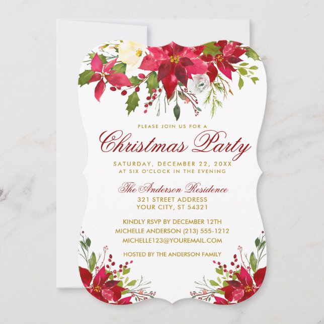Invitation Fête de Noël Aquarelle Floral Poinsettia (Devant)