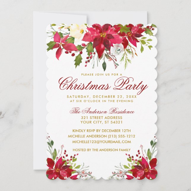 Invitation Fête de Noël Aquarelle Florale Poinsettia S (Devant)