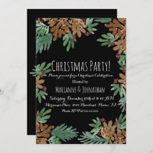Invitation Fête de Noël Aquarelle Pinecones Vert Art