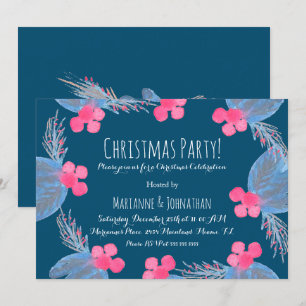 Invitation Fête de Noël Aquarelle Pionsettias Baie Bleue