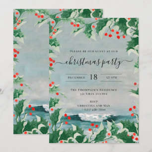 Invitation Fête de Noël Aquarelle Plage Côtière Holly