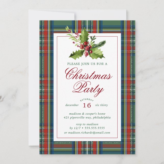 Invitation Fête de Noël | Aquarelle Plaid Holly (Devant)