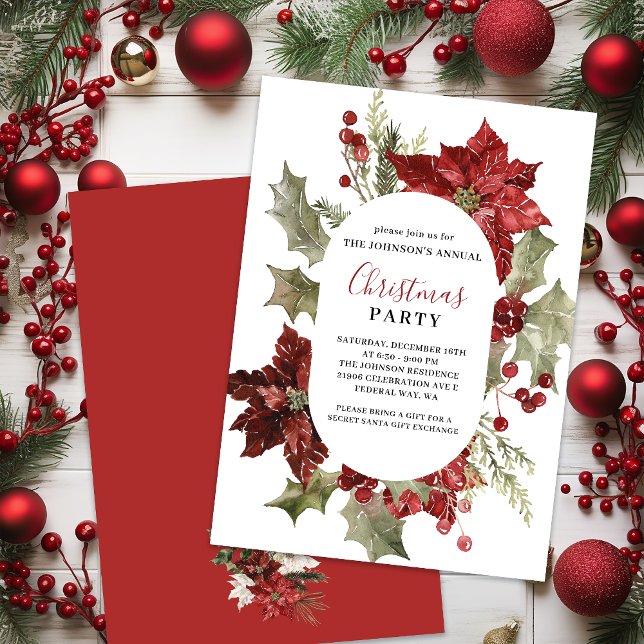 Invitation Fête de Noël Aquarelle Poinsettia Wreath (Christmas Party Watercolor Poinsettia Wreath Invitation
)