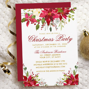 Invitation Fête de Noël Aquarelle rouge Floral Poinsettia R