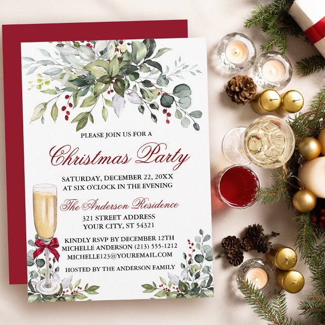 Invitation Fête de Noël Aquarelle Verdure Berries Verre (Customize to change text color, size, style or to change color of back of card.)