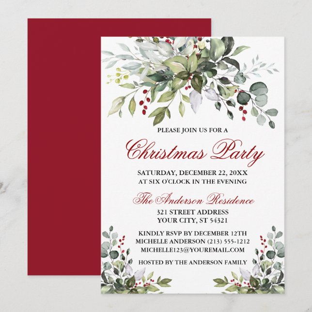 Invitation Fête de Noël Aquarelle verte Baies rouges (Devant / Derrière)