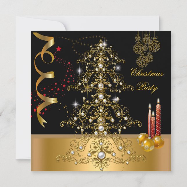 Invitation Fête de Noël arbre de Noël or rouge (Devant)