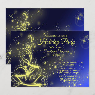 Invitation Fête de Noël Arbre d'or Étoiles Marine Fêtes Bleue