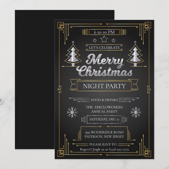 Invitation Fête de Noël Art Déco Black & Gold (Devant / Derrière)