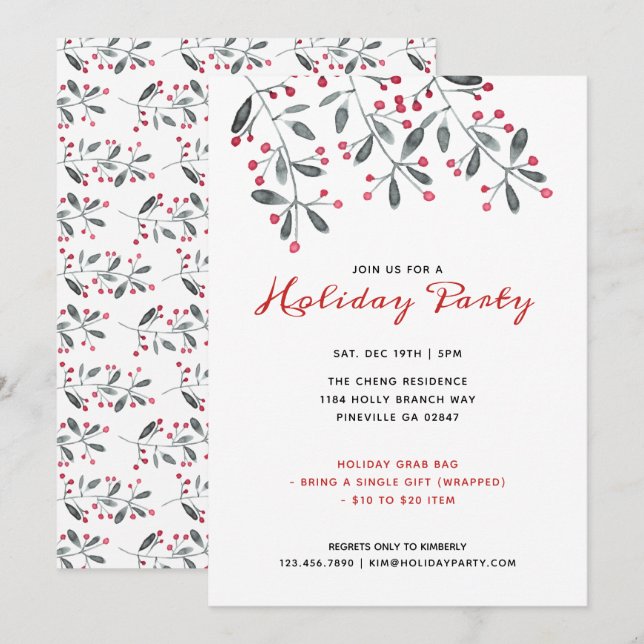 Invitation Fête de Noël au houx à l'aquarelle rouge et vert (Devant / Derrière)