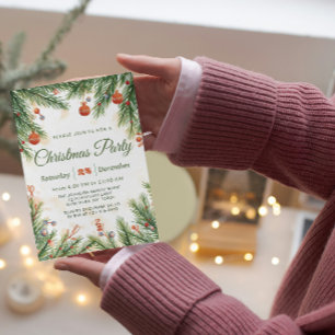 Invitation Fête de Noël au pin classique et aux ornements