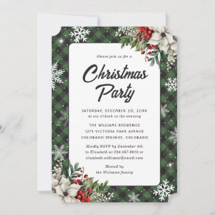 Invitation Fête de Noël au plaid vert et poinsettia blanc