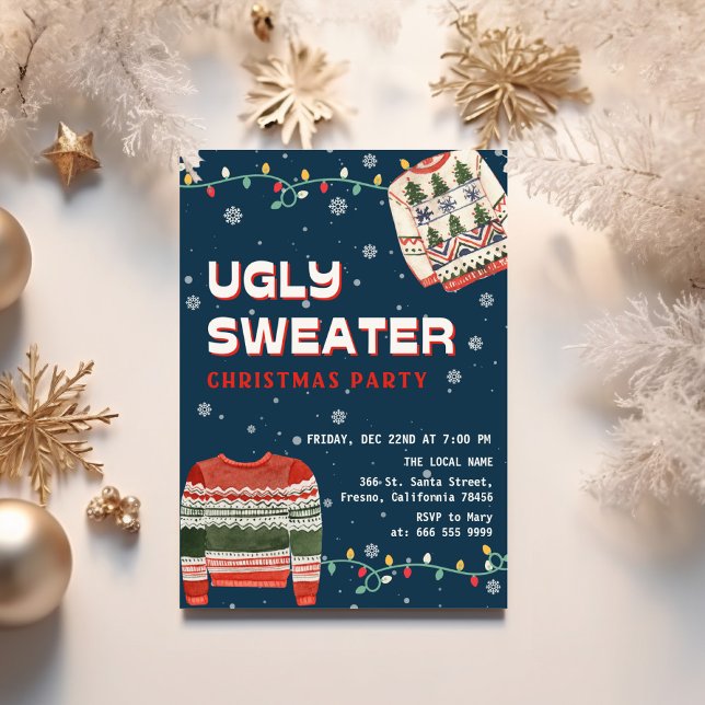 Invitation Fête de Noël au pull moche drôle (Funny ugly sweater blue christmas party invitation)