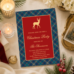 Invitation Fête de Noël au tartan classique Rouge Renne