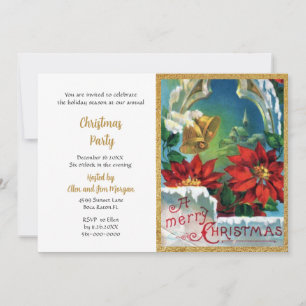 Invitation Fête de Noël aux cloches d'or et poinsettia rouge
