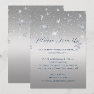 Invitation Fête de Noël aux flocons de neige argentés et bleu