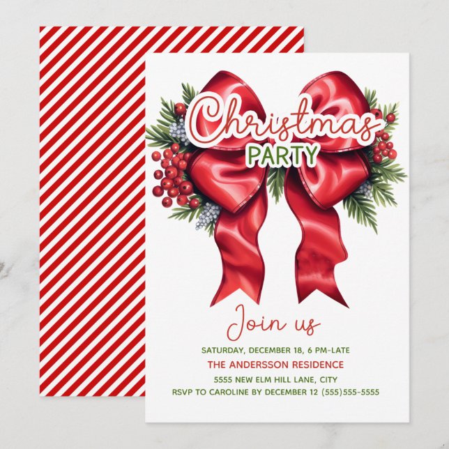 Invitation Fête de Noël avec Baies de Houx à Ruban Rouge (Devant / Derrière)