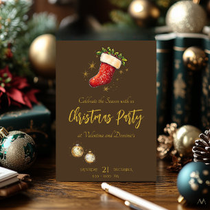 Invitation Fête de Noël avec chaussette festive sur fond marr