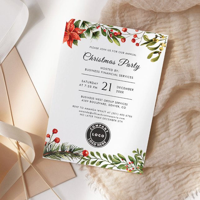 Invitation Fête de Noël avec logo d'entreprise (Business Logo Botanical Christmas Party Invitation)