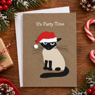 Invitation Fête de Noël avec un chat siamois vêtu en Père Noë